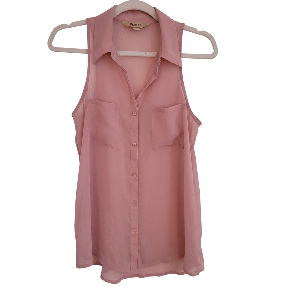 Decree Womens Sleeveless ButtonDown Shirt Pink Sheer Chiffon Blouse Small Pocket